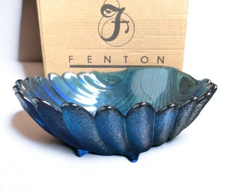 Fenton Indigo Blue Glass Bowl & Box ~ Large 5" H x 12" W Iridescent Shell Shaped Blue Glass Serving Bowl ~ Fenton Giftware ~VintageSouthwest