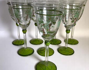 Vintage Palm Tree Wine Glasses: Hand-Painted Stemware, Set of 8