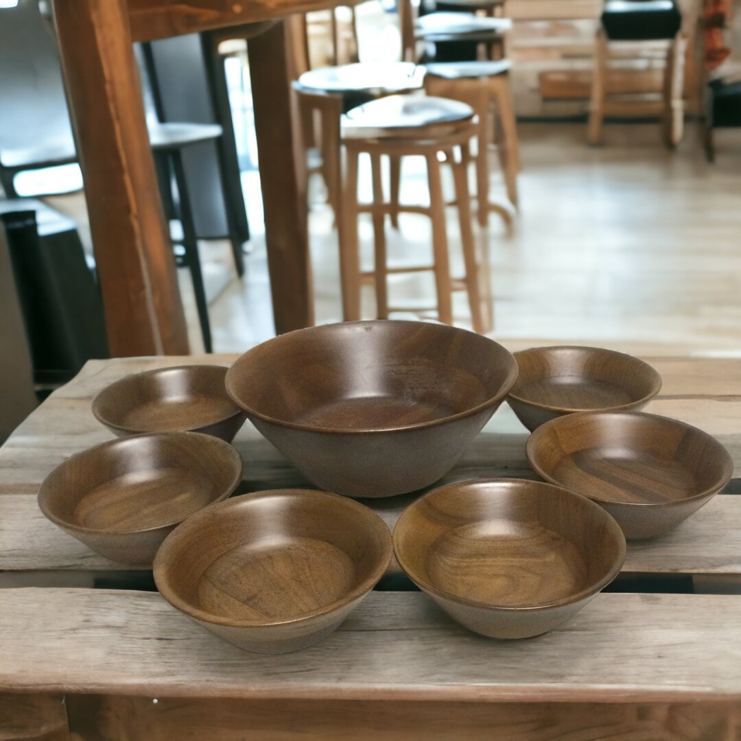 Kustom Kraft Black Walnut Salad Bowl Set 1 Large 10 1/2 Diam Bowl & 6 Smaller 6 1/4 Diam Bowls