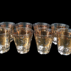 MCM Barware Porter Black & 22k Gold Double Old Fashioned Glasses Set of 8 ~ Strutting Rooster Coq D&#39;or Pattern ~ VintageSouthwest