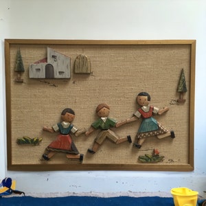 Carved Wood & Burlap Children's Wall Art 1950s ~ Hand Painted Kids Running Playing ~ Vintage Signed 3D Art Children's Room Decor
