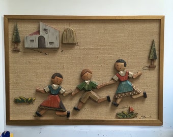 Carved Wood & Burlap Children's Wall Art 1950s ~ Hand Painted Kids Running Playing ~ Vintage Signed 3D Art Children's Room Decor