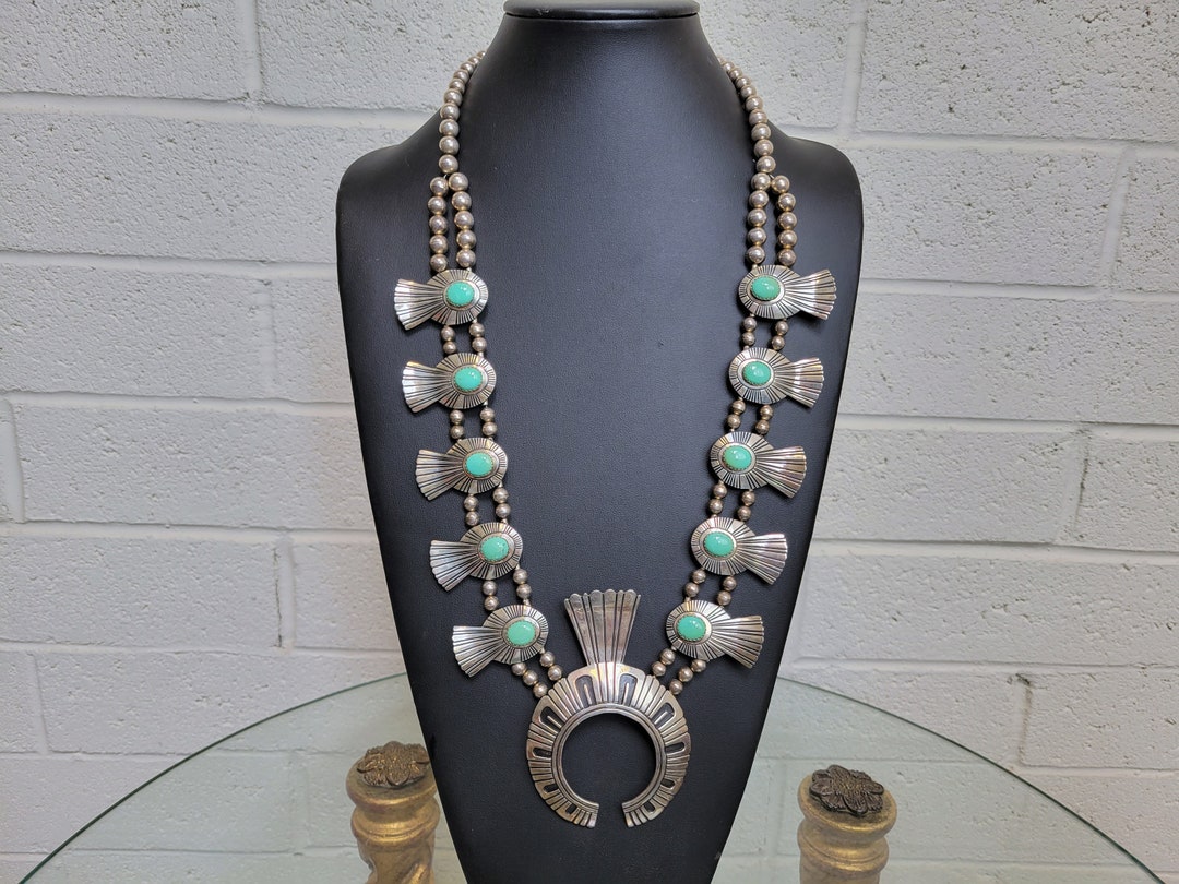 Thomas Singer Vintage Navajo Native American Jewelry jewelry Turquoise Sterling Silver Squash Blossom Necklace Thomas Singer Vintage Navajo Native American Jewelry jewelry Turquoise Sterling Silver Squash Blossom Necklace