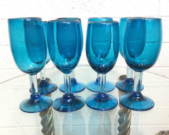 Vintage Aqua Blue Wine Glasses: Set of 8 Hand Blown Barware Goblets; Read  Description; Vintagesouthwest - Etsy