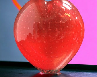 Red Glass Heart Shaped Vase ~ 8" Sculpted Glass Vase w Trapped Air Bubbles ~ Cherry Red Vase ~ Lovers Valentines Gifts ~ VintageSouthwest