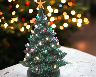 Green Ceramic Lighted Christmas Tree ~ Vintage 1970s 19" Christmas Tree w Gold Star Works ~ Christmas Holiday Decor ~VintageSouthwest