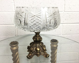 Hollywood Regency Cut Crystal Compote Centerpiece ~ Hobstar Design ~ Sawtooth Rim ~ Footed Brass Pedestal ~ VintageSouthwest
