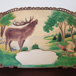 German Die Cut Calendar Topper / Moose Forest Scene / 3D Embossed W. German Die Cut 19 X 15 / Advertising Calendar / Vintagesouthwest image 1