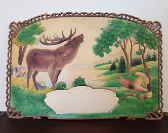 German Die Cut Calendar Topper / Moose Forest Scene / 3D Embossed W. German Die Cut 19" X 15" / Advertising Calendar / Vintagesouthwest