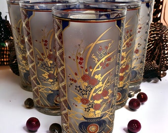 Culver Barware Imari Highball Glasses Set of 6 ~ 22k Gold Mid Century Modern Barware ~ Asian Chinoiserie Design ~ 12oz Cocktail Glasses