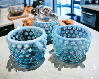 Fenton Opalescent Blue Glass Hobnail Open Sugar Bowl, Condiment Jar w Lid & Ladle, Creamer ~ Mid Century Kitchen Decor ~ VintageSouthwest