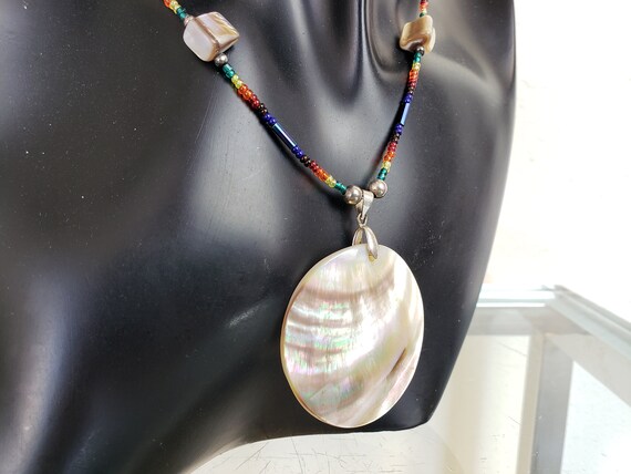 Abalone Pendant Necklace / Rainbow Glass Bead Nec… - image 3