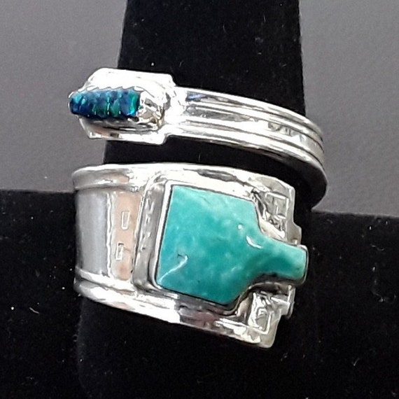 Turquoise & Opal Sterling Silver Flatware Ring - … - image 1