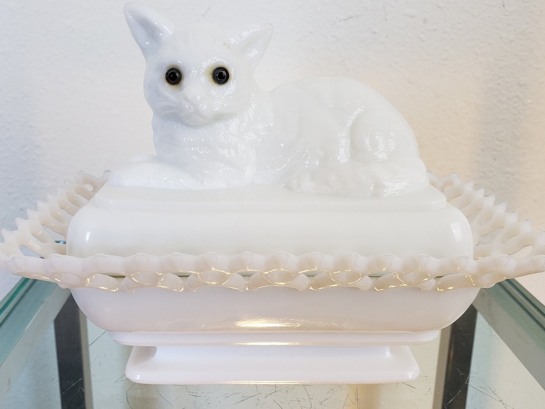 Westmoreland Cat Candy Dish / Milk Glass Lace Trim / Blue Gray Etsy