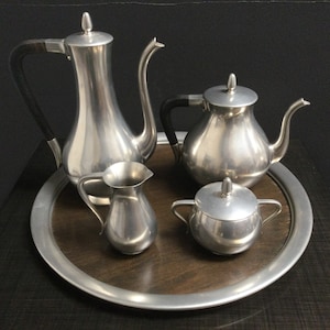 Mid Century Royal Holland Pewter 8 Pc Coffee & Tea Serving Set on Tray ~ 1950s Dutch Carafe, Tea, Creamer, Sugar ~ Rd Desc ~VintageSouthwest