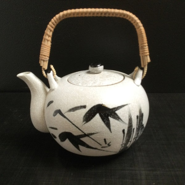 Asian Teapot White Textured w Bamboo Handle ~ Hand Painted Leaf Design ~ Vintage Asian Decor ~ VintageSouthwest