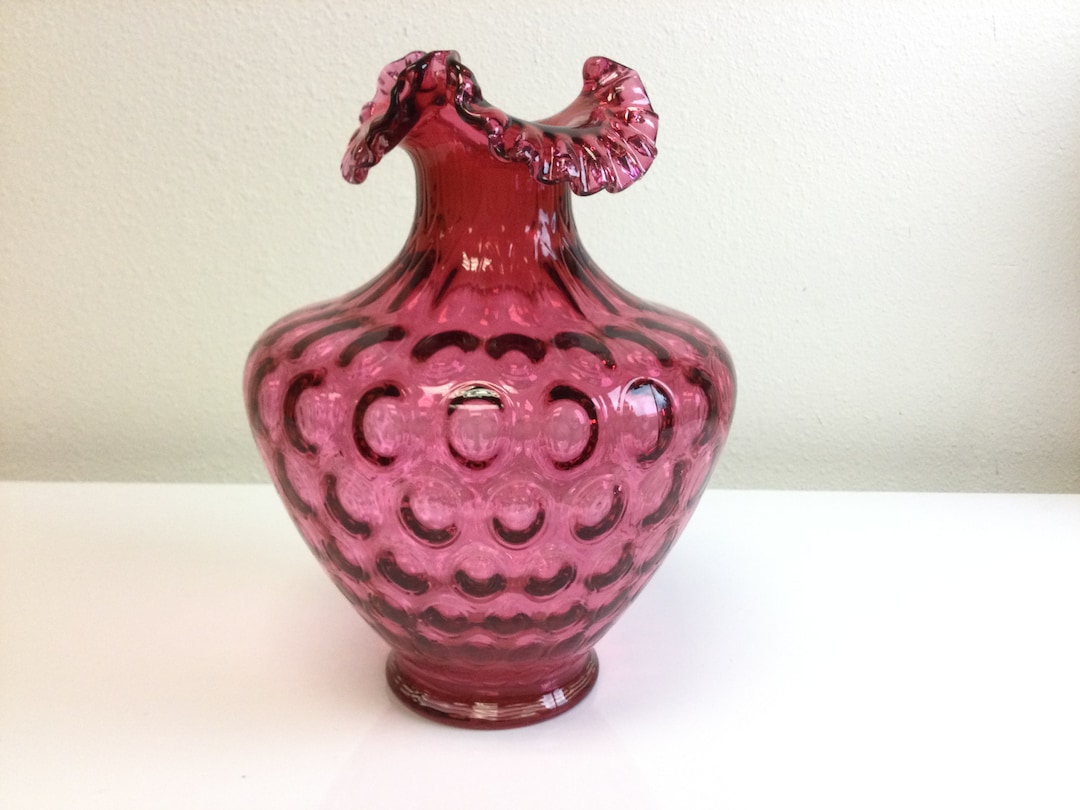 Fenton 12" Cranberry Coin Dot Vase ~ Vintage Ruffled Rim Glass Vase ...