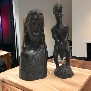 Hand Carved African Figurines Pair ~ 9&quot; Carved Wood African Tribal Statuettes ~ Vintage African Art Home Office Decor ~ VintageSouthwest