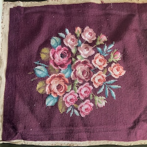 Handmade Wool Needlepoints 20 1/2&quot; x 20 1/2&quot; Set of 4 ~ Floral, Roses Designs ~ Vintage Victorian Fiber Arts Pillow Covers & Wall Decor