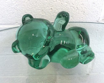 Fenton Green Glass Bear Figurine ~ Lounging Relaxed Bear Paperweight Figure ~ USA Made Glass ~ Vintagesouthwest