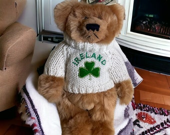 Ireland Teddy Bear Plush Toy w Turtleneck Sweater Shamrock ~ Made in Ireland ~ Traditional Craftwerk Dublin ~ 12" St Patrick's Day Bear Gift