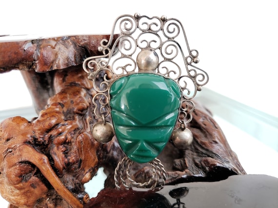 Mexican Jade Brooch / Sterling Silver Mid Century… - image 5