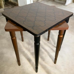 Retro Stacking Table Pair ~ 16&quot; Wood Laminate End / TV Tables ~ Mid Century Modern Home Furniture ~ 1960s Dorm Room & Apartment Tables