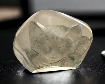 Mats Jonasson Crystal Paperweight ~ Carved Glass Sleeping Cat ~ Signed Mats Jonasson Maleras Sweden ~ 2 1/2" Art Glass ~ VintageSouthwest
