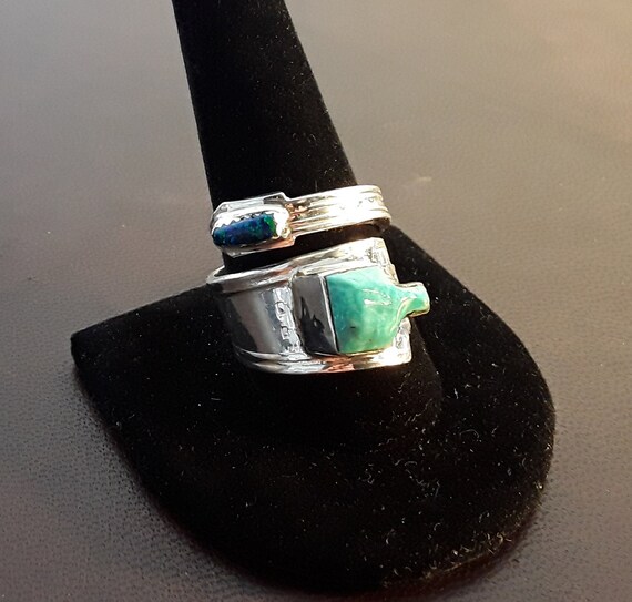 Turquoise & Opal Sterling Silver Flatware Ring - … - image 2