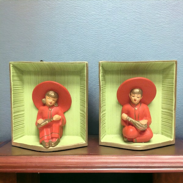 1950s United Chalkware Wall Hangings Pair ~ 8" x 7" Mid Century Asian Woman & Man Hand Painted Chalkware Wall Plaques ~ VintageSouthwest