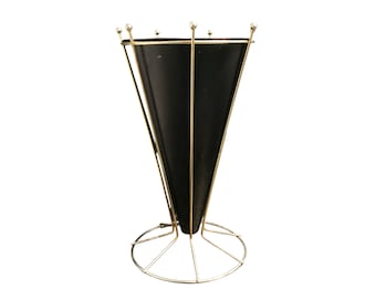 1960s MCM Black & Gold Metal Umbrella Stand: 17" Mid Century Modern Chic Porte Parapluie; Vintagesouthwest