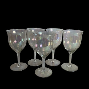 Iridescent Barware Wine Glasses Set of 5 ~ Vintage Optic Panel 6 1/2&quot; Carnival Glass Stemware ~ Please Read Description ~ Sold AS IS