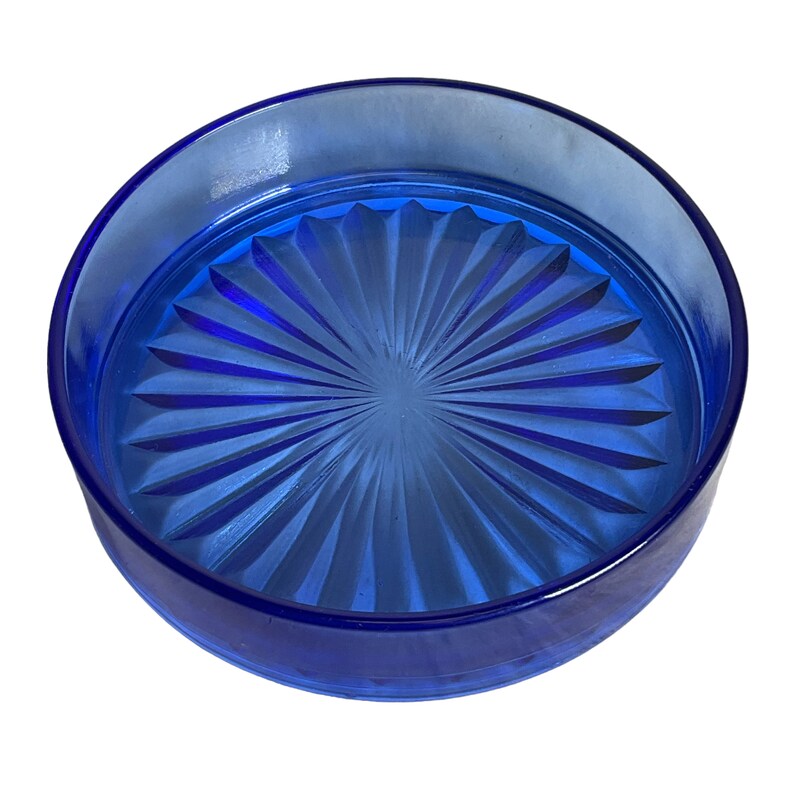 Cobalt Blue Depression Glass Dish w Silver Plate Carrier Basket Vintage Blue Glass Starburst Candy Condiment Dish VintageSouthwest image 6