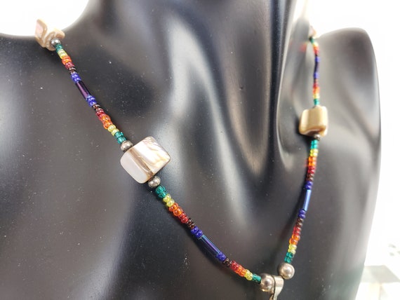 Abalone Pendant Necklace / Rainbow Glass Bead Nec… - image 2