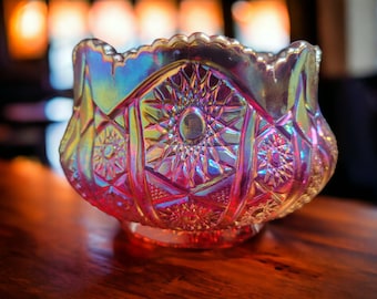 Indiana Glass Heirloom Bowl ~ Sunset Red Carnival Glass Bowl ~ Vintage Hobnail Stars Rose Shaped Iridescent Glass Bowl ~ VintageSouthwest