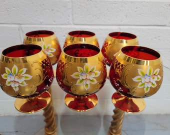 Cranberry Glass Stemmed Snifters Hand Painted Antique Gold Embellished Czech set of 6