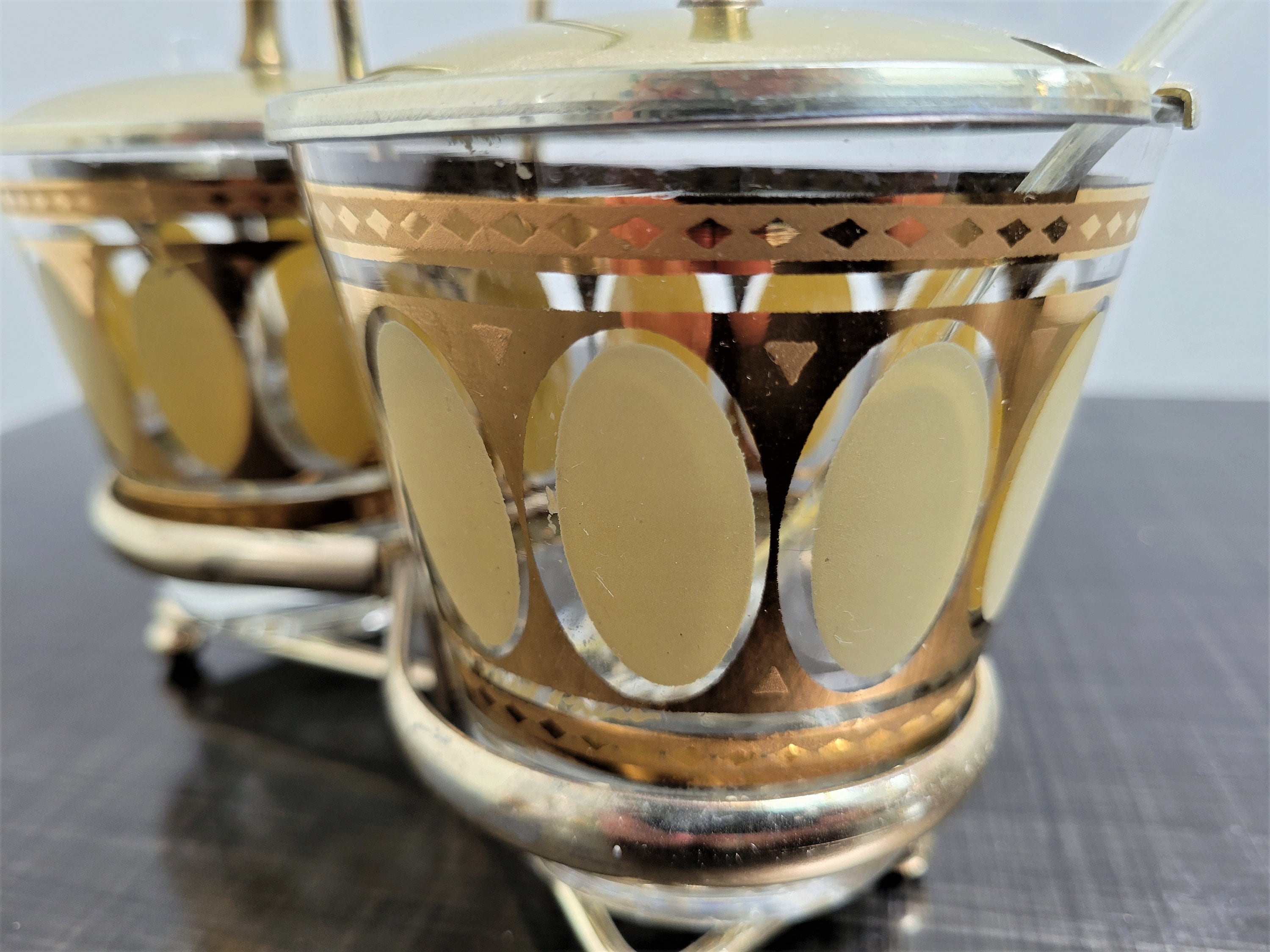 Vintage Mid Century Glass Jar with Brass Tone Lid and Caddy Condiment Set 1960s Serving ware