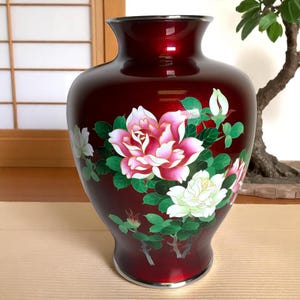Pre-War Japanese Cloisonne Vase ~ 10 1/2&quot; Marked Ando Scarlet Red Peony Floral &quot;Shippo&quot; Vase ~ Asian Decor ~ Ando Cloisonne Co Pamphlets DB