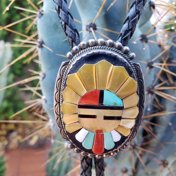 Zuni Bev Etsate Bolo Tie / Inlaid Sunface With Headress Turquoise Coral Mop Jet / Native American Bolo Ties / Western Wear /Vintagesouthwest