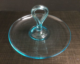 Mid Century Azure Blue Glass Tidbit Sandwich Server ~ Handled Cupcake Bon Bon Server ~ 10 1/4" Diameter Serving Dish ~ VintageSouthwest