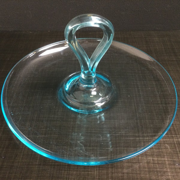 Mid Century Azure Blue Glass Tidbit Sandwich Server ~ Handled Cupcake Bon Bon Server ~ 10 1/4" Diameter Serving Dish ~ VintageSouthwest