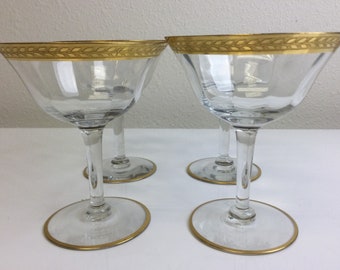 Tiffin Style Laurel Band Gold Encrusted Champagne Coupes Sherbet Glasses Set of 4 ~ Mid Century 4 3/4" Tall Glass Barware ~ VintageSouthwest