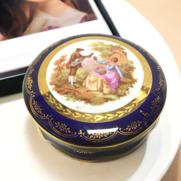 Limoges France Fragonard Jewelry Trinket Holder ~ Vintage Cobalt Blue Lidded Porcelain Box w Courting Scene 22k Gold Trim ~ VintageSouthwest