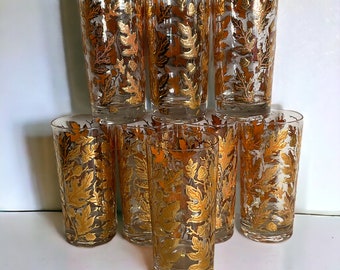 Culver Barware Highball Glasses Set of 8 ~ Mid Century 22k Gold Autumn Leaves & Acorns 12oz Glasses ~ 1960s Drinkware ~ VintageSouthwest