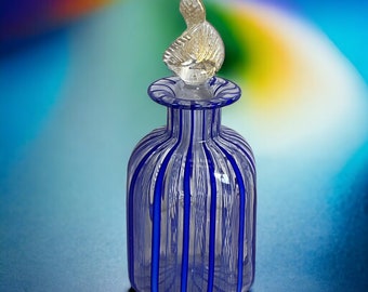 Murano Perfume Bottle ~ Bucella Cristalli Italian Made Glass ~ Blown Glass Bottle & Stopper ~ Blue Striped w Gold Top ~ Vintagesouthwest DMT