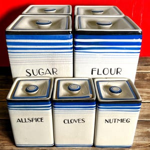 Art Deco Canister Set of 7 Ceramic White & Blue Canisters ~ Made in Japan ~ Vintage Sugar Tea Flour Cloves Nutmeg Coffee Canisters w Lids