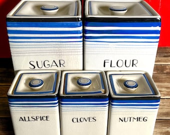 Vintage Art Deco Ceramic Canister Set: White & Blue, Made in Japan