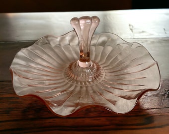 Pink Depression Glass Dish ~ Pink Fluted Candy Dish w Center Handle ~ Vintage 1930s Glass Dish ~ Small Chip ~ Plz Rd Desc ~ VintageSouthwest