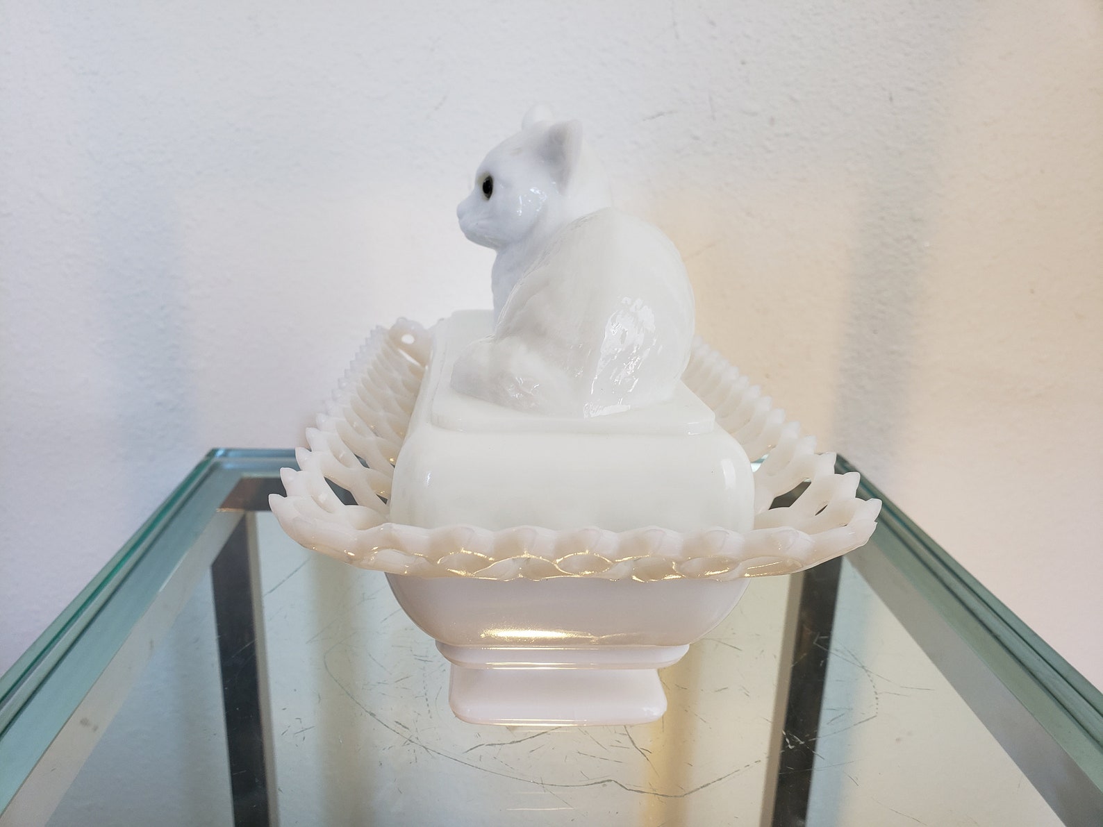 Westmoreland Cat Candy Dish / Milk Glass Lace Trim / Blue Gray Etsy