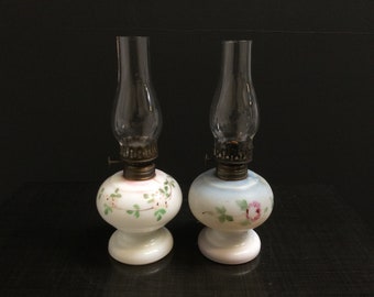 Antique Kerosene Lamp Pair ~ Little Wizard P & A Hornet 9" Oil Lamps w Glass Chimneys ~  Victorian 1890s - 1910s Lamps ~ VintageSouthwest